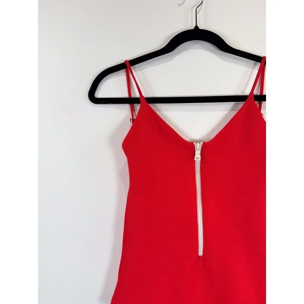 Onia Womens Swimsuit Red One Piece Ribbed Zip Up V Neck Low Scoop Back Small